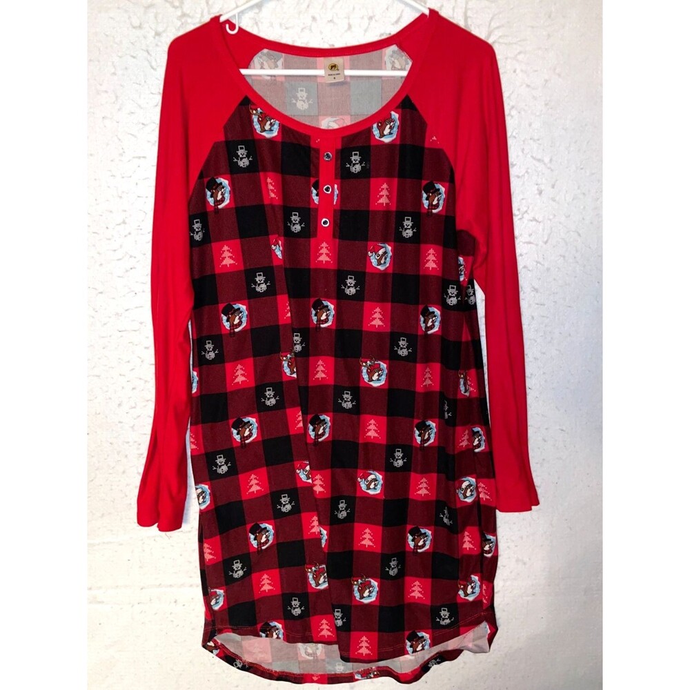 BUC-EES Nightgown S CHRISTMAS Plaid Knit Sleep Shirt long sleeve Beaver pajama